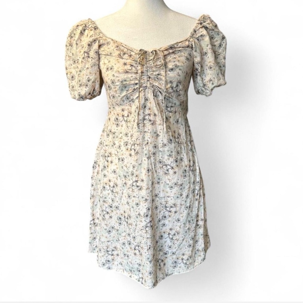 H&M Cream Linen Cotton Blend Floral Cottage Coastal‎ Mini Dress Off Shoulder